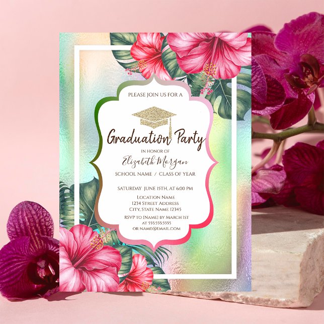 Glitter Grad Cap Hibiscus Holografiska Studenten Inbjudningar (Skapare uppladdad)