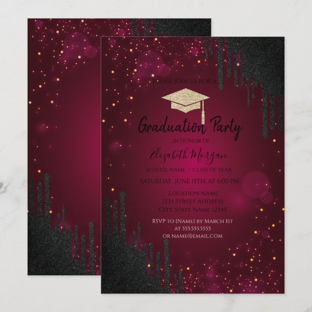 Glitter Grad Cap,Konfetti Black Drives Red Inbjudningar (Fram/baksida)
