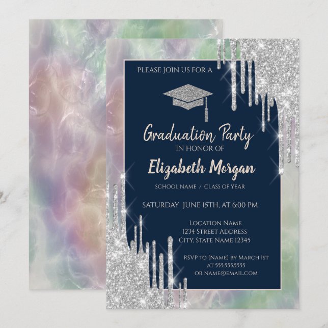 Glitter Grad Cap,Silver-drivrutin,Opal Holograf Inbjudningar (Fram/baksida)