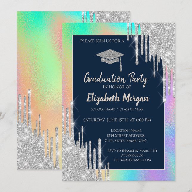 Glitter Grad Cap,Silver-drivrutin,Regnbåge Hologra Inbjudningar (Fram/baksida)