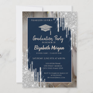 Glitter GradCap,Silver Dropp,Marble Marinblå Inbjudningar