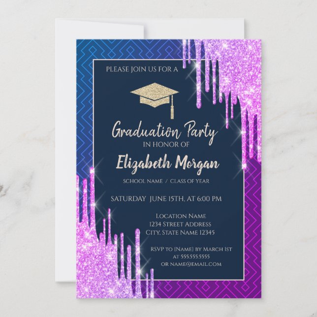 Glitter Graduation Cap,Drips Geometric Graduation Inbjudningar (Framsida)