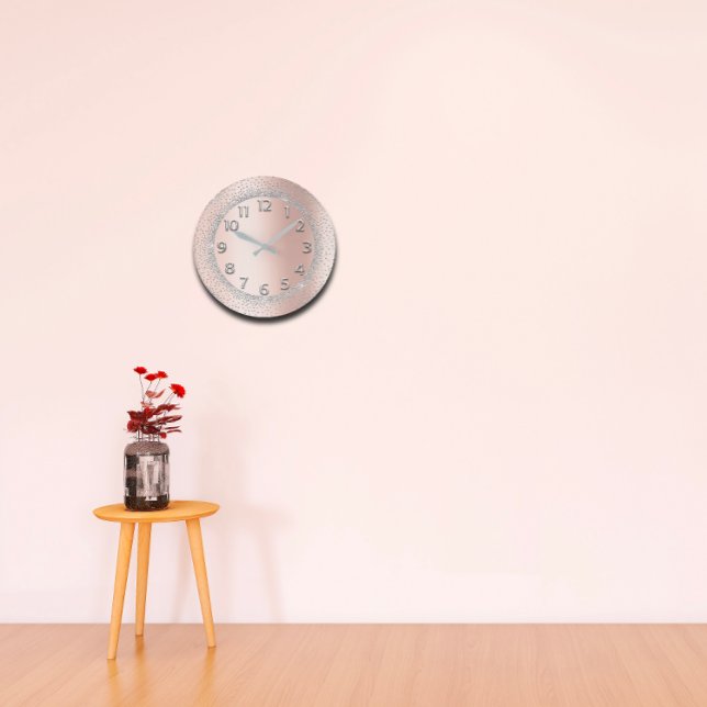 Glitter Grått Ro Guld Numbers  Beauty Lux Stor Klocka (Glitter Grey Rose Gold Numbers Blush Beauty Lux Large Clock)