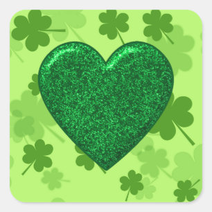 Glitter Grönt Heart och Shamrock Square Stickers Fyrkantigt Klistermärke