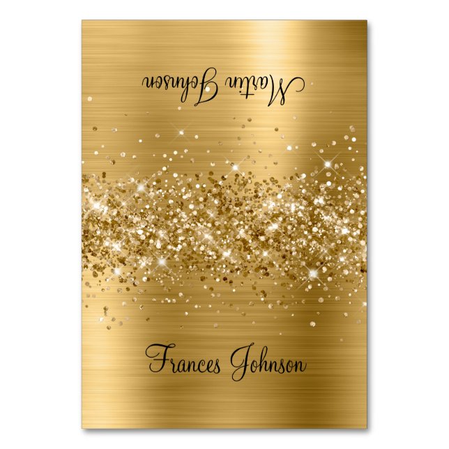 Glitter Guld 2 Namn Place Cards Bordsnummer (Framsidan)
