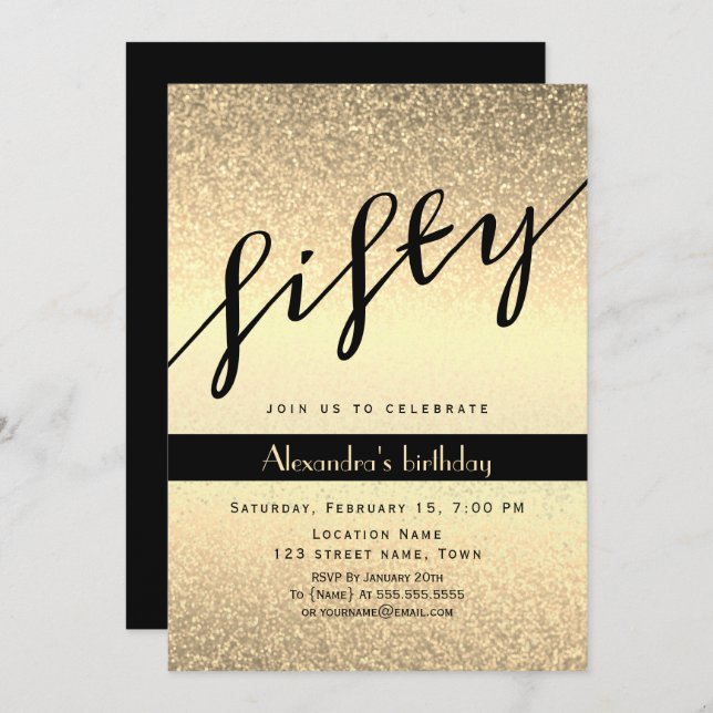 Glitter Guld 50:e födelsedagen Inbjudningar (Fram/baksida)