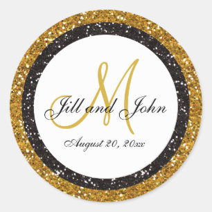 Glitter Guld Black Bröllop Monogram Sälar Sticker Runt Klistermärke