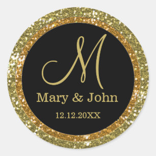 Glitter Guld Bröllop Monogram Sälar Runt Klistermärke