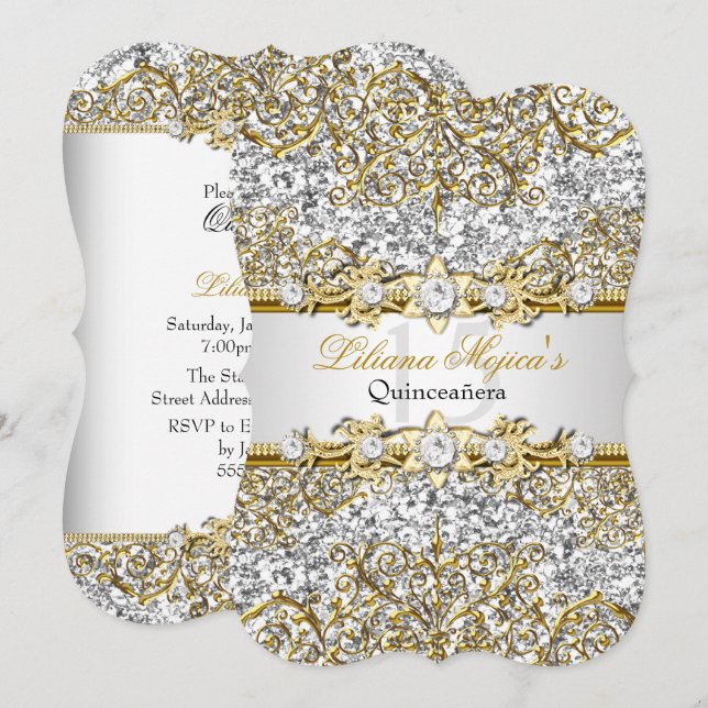Glitter Guld Damask Quinceanera Inbjudan (Fram/baksida)