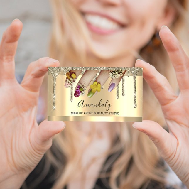 Glitter Guld Drivrutiner Nagel ManiboyBlommigten Visitkort (Glitter Gold Drips Nail Manicure Floral Business Card)