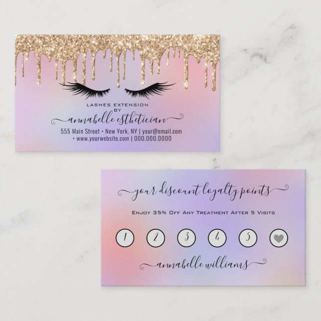 Glitter Guld Eyelash Extension Loyalty Business Visitkort (Fram/baksida)