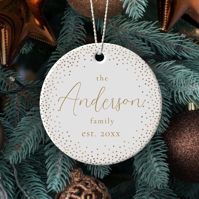Glitter-guld-familjens Namn-skript jul för Anpassn Julgransprydnad Keramik (Gold Glitter Custom Family Name Script Christmas Ceramic Ornament)