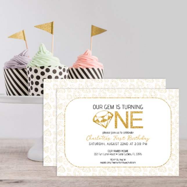Glitter Guld, första födelsedagsinbjudan Inbjudningar (minimalist gem birthday party invitation in glitter gold, bold typography)