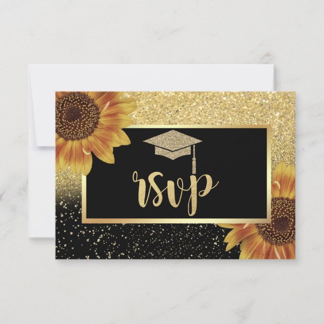Glitter Guld Grad Cap, Solblommor Studentfest OSA Kort (Framsida)