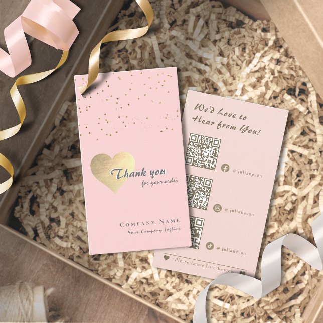Glitter Guld Hjärtat  Rosa och Grått Tack Visitkort (Glitter Gold Heart Blush Pink & Grey Thank you Card for Business)