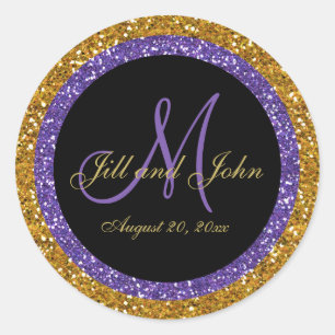 Glitter Guld Lila Bröllop Monogram Sälar Sticker Runt Klistermärke