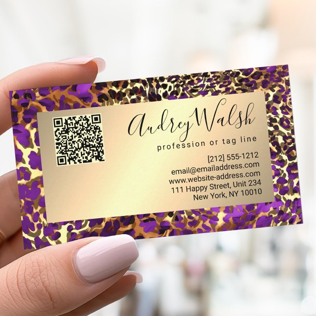  Glitter Guld Lyx QR-kod Djurhud Leopard Visitkort (Skapare uppladdad)