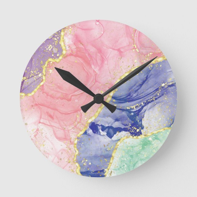 Glitter Guld Marble Pastel Färg Rund Klocka (Framsida)