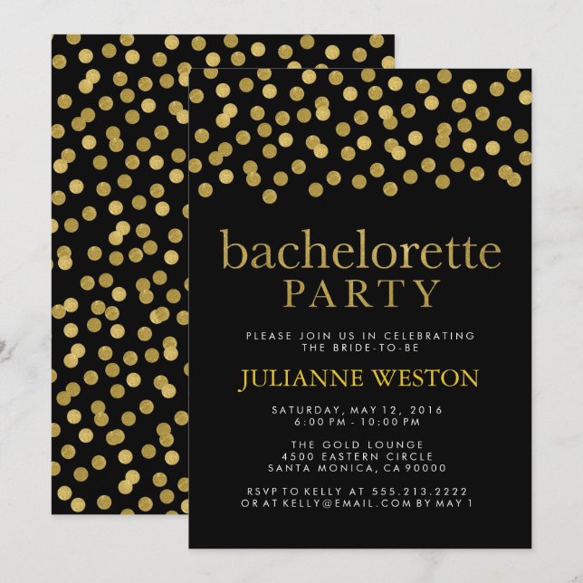 Glitter Guld och Black Confetti Bachelorette Party Inbjudningar (Fram/baksida)