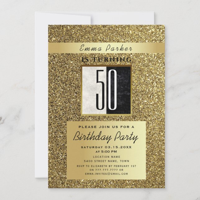Glitter Guld och Svart 50-årsfirande Inbjudningar (Framsida)