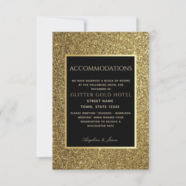 Glitter Guld och Svart Bröllopsinbjudan Kort (Framsida)