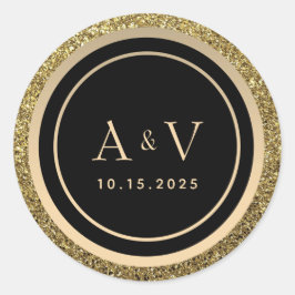 Glitter Guld och Svart Monogram Bröllop Runt Klistermärke