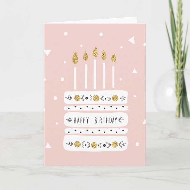 Glitter Guld Pastel Birthday Cake Illustration Kort (Framsida)