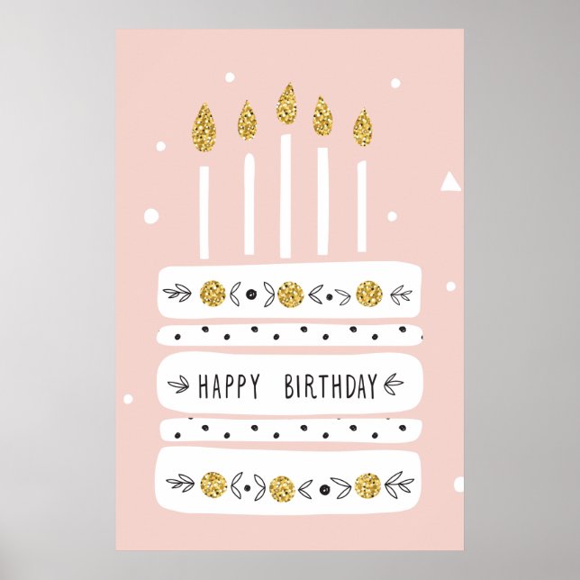 Glitter Guld Pastel Birthday Cake Illustration Poster (Framsidan)
