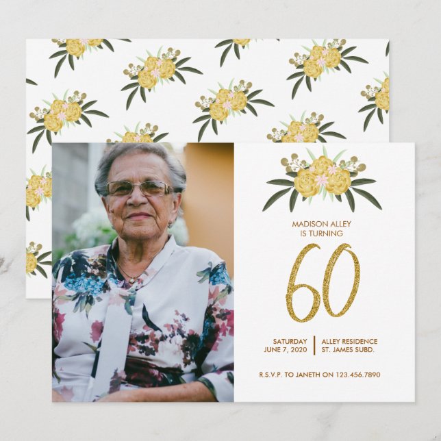 Glitter Guld Ro och botaniska Löv 60:e födelsedage Inbjudningar (Fram/baksida)