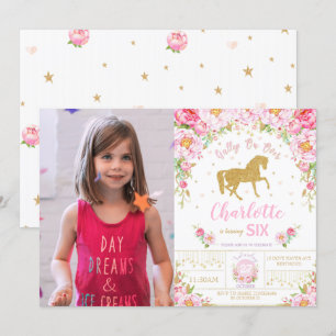 Glitter Guld Rosa Blommigt Horse Birthday Girl Fo Inbjudningar