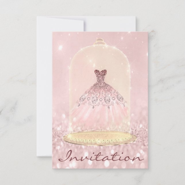 Glitter Guld Rosa Diamond Dress Sweet 16:e Inbjudningar (Framsida)