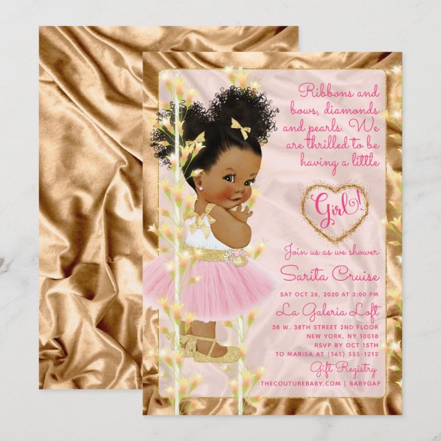 Glitter Guld & Rosa Girl Baby Shower Ethnic Inbjudningar (Fram/baksida)