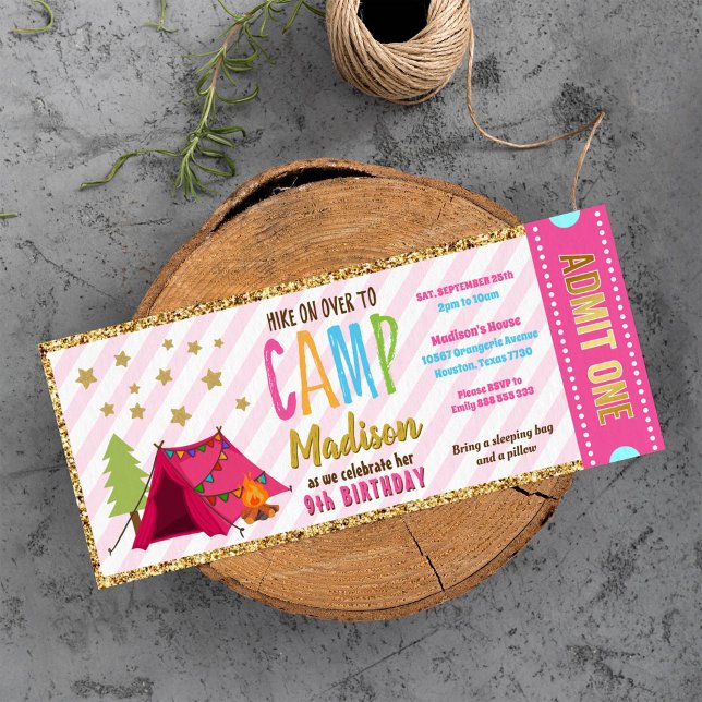 Glitter Guld Rosa  Glamping Biljett-passets födels Inbjudningar (Skapare uppladdad)