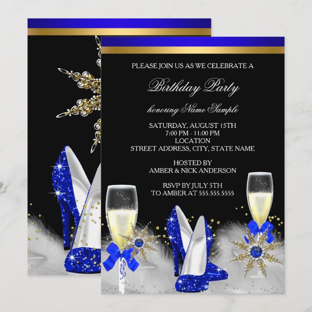 Glitter Guld Royal Blue Heels Black Champagne Inbjudningar (Fram/baksida)