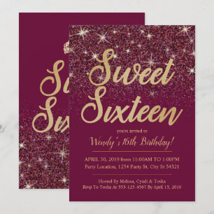 Glitter & Guld, Ruby Sweet 16 födelsedagsinbjudnin Inbjudningar