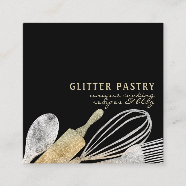 Glitter guld silver bageri kock lyx fyrkantigt visitkort (Framsida)