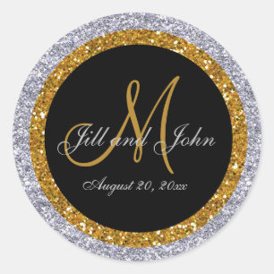 Glitter Guld Silver Bröllop Monogram Sälar Sticker Runt Klistermärke