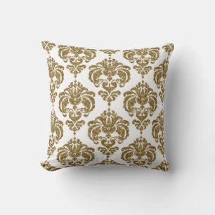 Glitter Guld & Vit Damask Chic Modernt Mönster Kudde