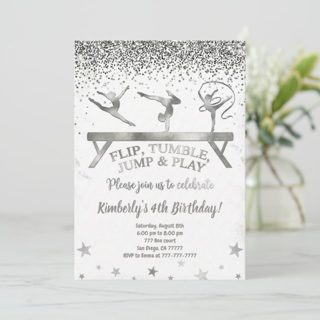 Glitter Gymnastic Kids Birthday Invitation Inbjudningar (Stående Fram)