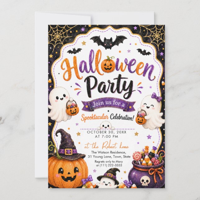 Glitter Halloween Ghost Pumpa Halloweenfest Inbjudningar (Framsida)