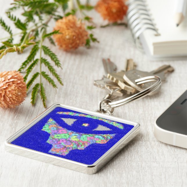 Glitter hamsa blommigt fyrkantig silverfärgad nyckelring (Sidan)