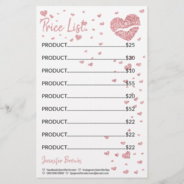 Glitter Heart Lipstick Makeup prisa listor Brevpapper (Framsida)