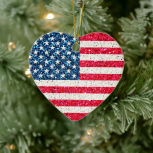 Glitter Heart Patriotic American USA flagga Party Julgransprydnad Keramik
