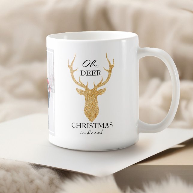Glitter Hjort Oh Hjort God jul här Kaffemugg ("Oh, deer Christmas is here." Enjoy this modern design with a faux glitter gold deer head silhouette)