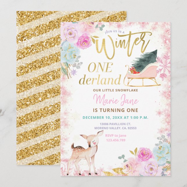 Glitter Hjort Rosa Winter Onederland Födelsedag  Inbjudningar (Fram/baksida)