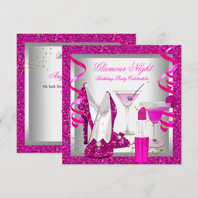 Glitter Hot Pink Glamour Natt Martini Fest Inbjudningar (Fram/baksida)