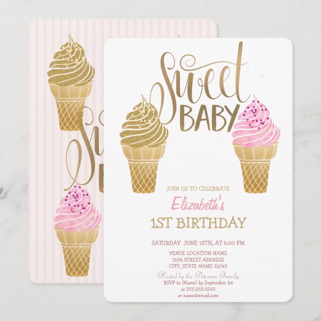 Glitter Ice Cream Macaroons Stripe Birthday Inbjudningar (Fram/baksida)