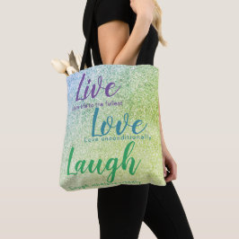 Glitter Inspire Live Kärlek Laugh Blue Grönt Lila Tygkasse