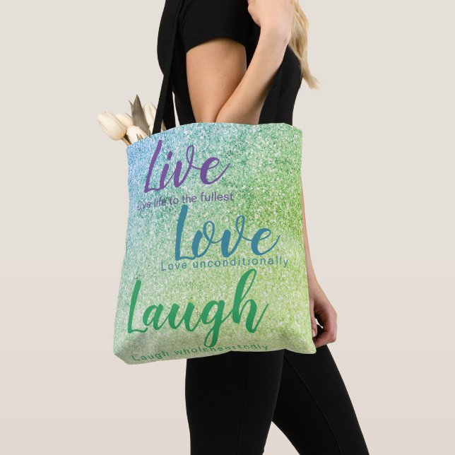 Glitter Inspire Live Kärlek Laugh Blue Grönt Lila Tygkasse (Närbild)
