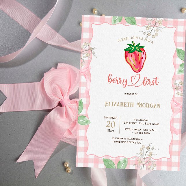 Glitter Jordgubbs Ram Plaid Baby Shower  Inbjudningar (Skapare uppladdad)